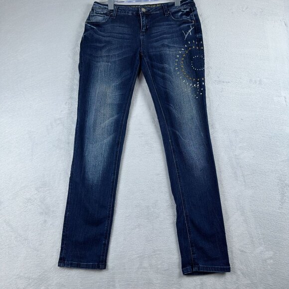 Desigual Skinny Jeans Rhinestones Designer Denim Dark Wash Womens Size 28 Blue - Picture 1 of 11